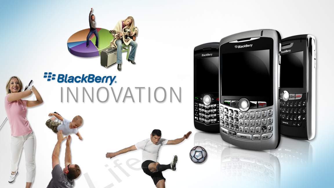 BlackBerry Innovation presentation study with handsets surrounded by people, music, sport and family imagery