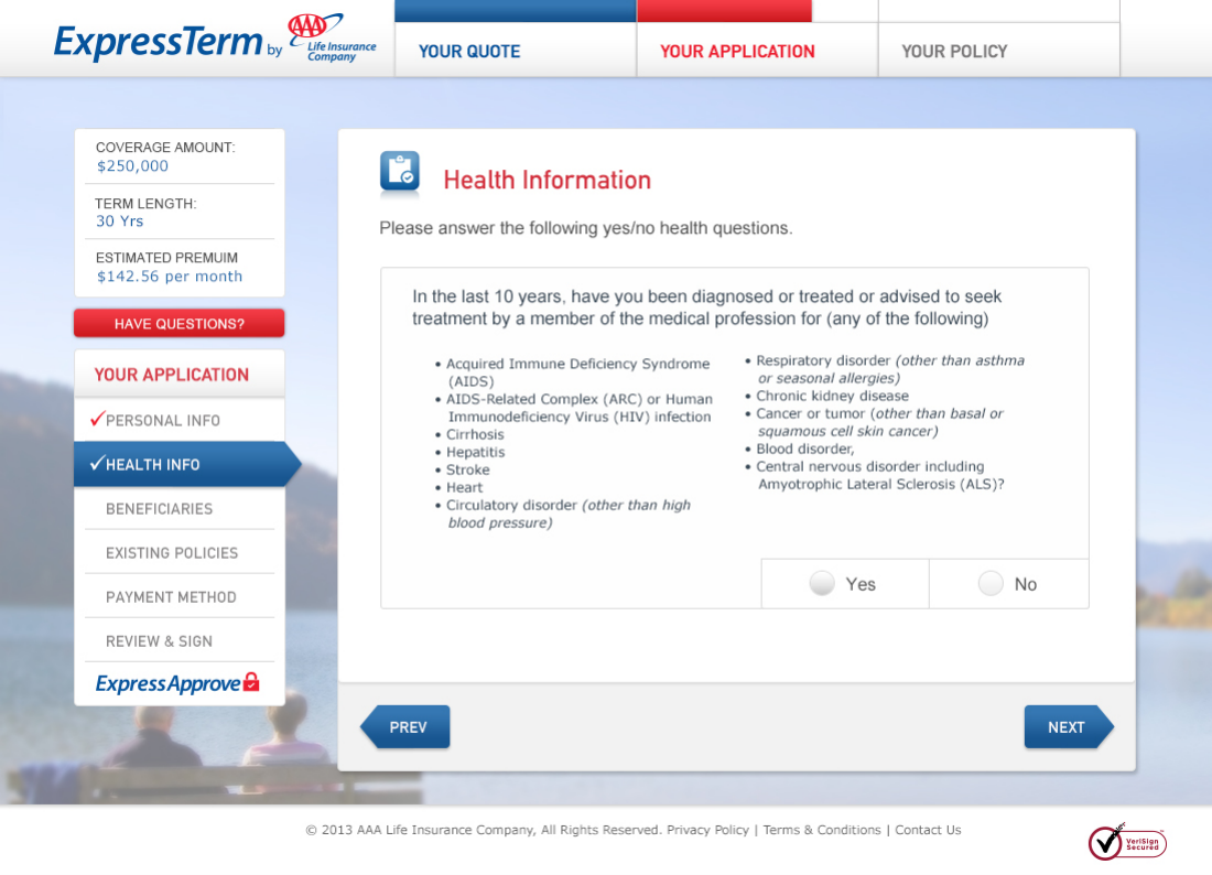 ExpressTerm health screen shows a grouped yes-or-no question, persistent quote summary, application progress, and previous and next controls.