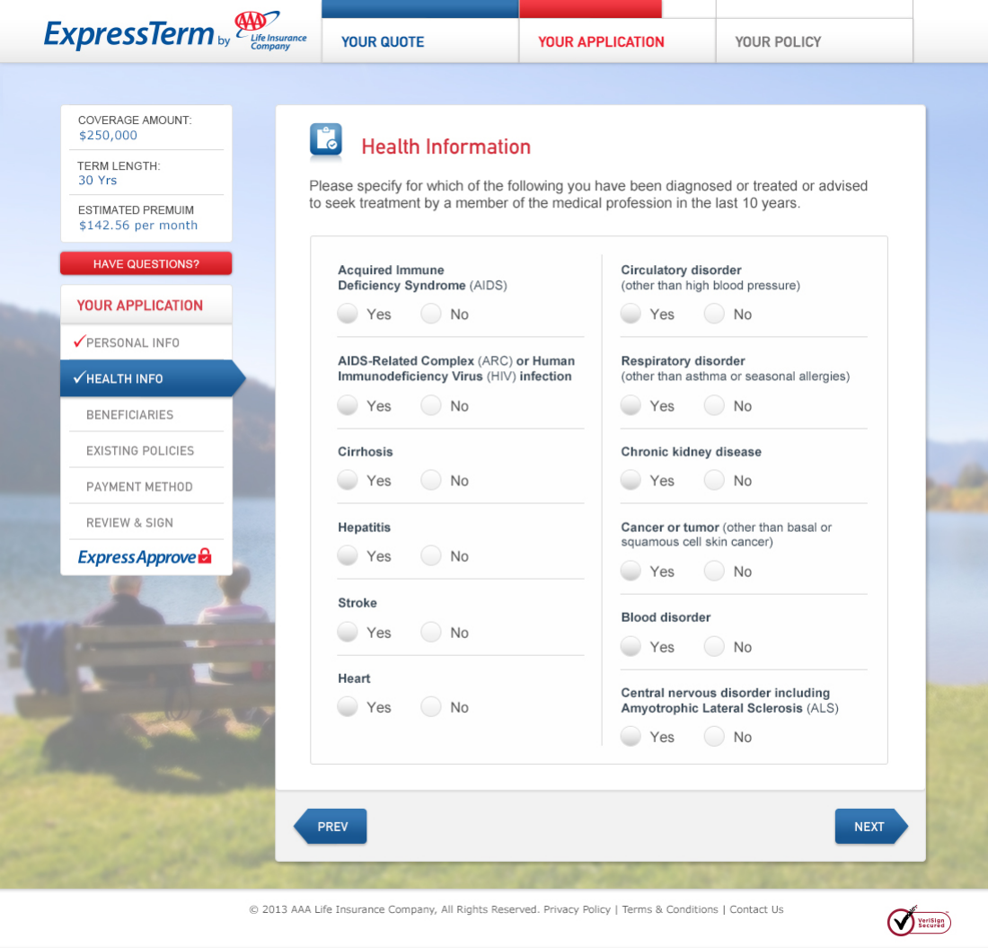 ExpressTerm health follow-up expands the grouped question into separate condition choices while preserving quote and application navigation.