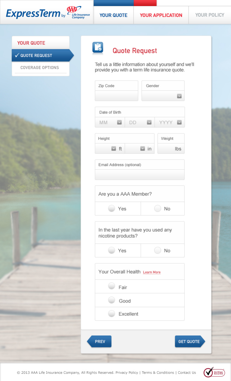Complete tablet-width ExpressTerm quote form with persistent left navigation, stacked inputs, background photograph, and Get Quote action.