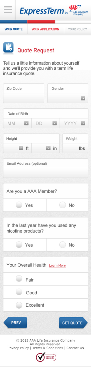 Complete mobile ExpressTerm quote screen with menu control, three-part progress navigation, personal and health summary questions, and Get Quote action.
