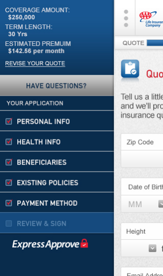Original mobile navigation drawer presents coverage, term, premium, quote revision, support, and application sections beside the partially visible quote page.