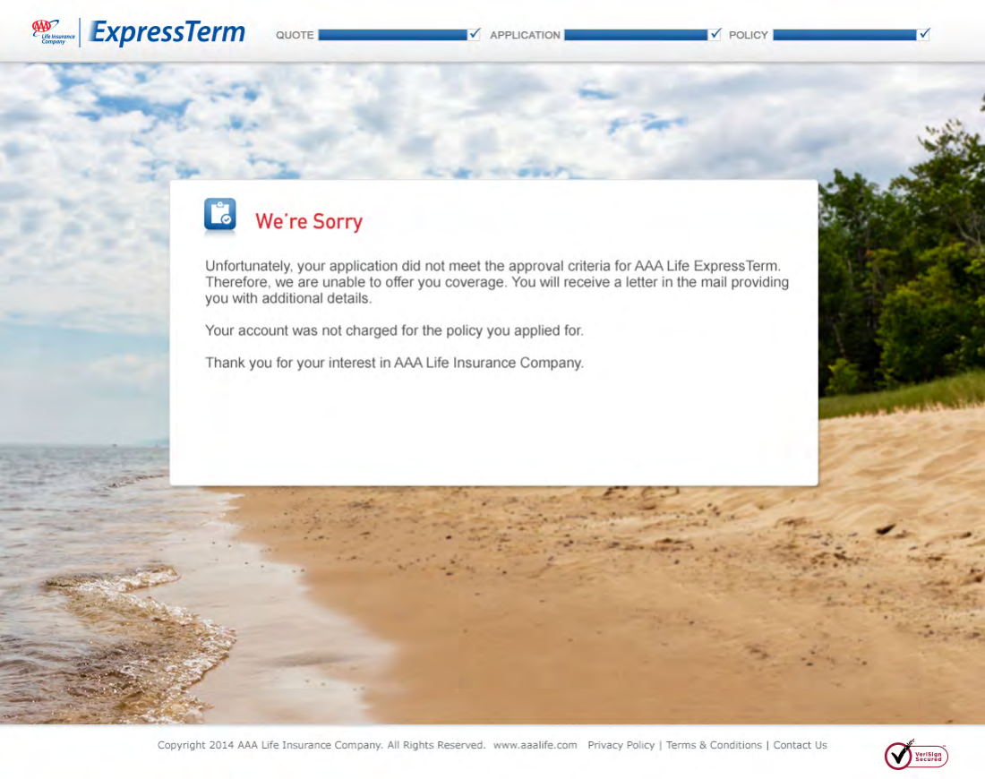 ExpressTerm declined-application screen explains the decision, forthcoming letter, and confirmation that the account was not charged over beach photography.