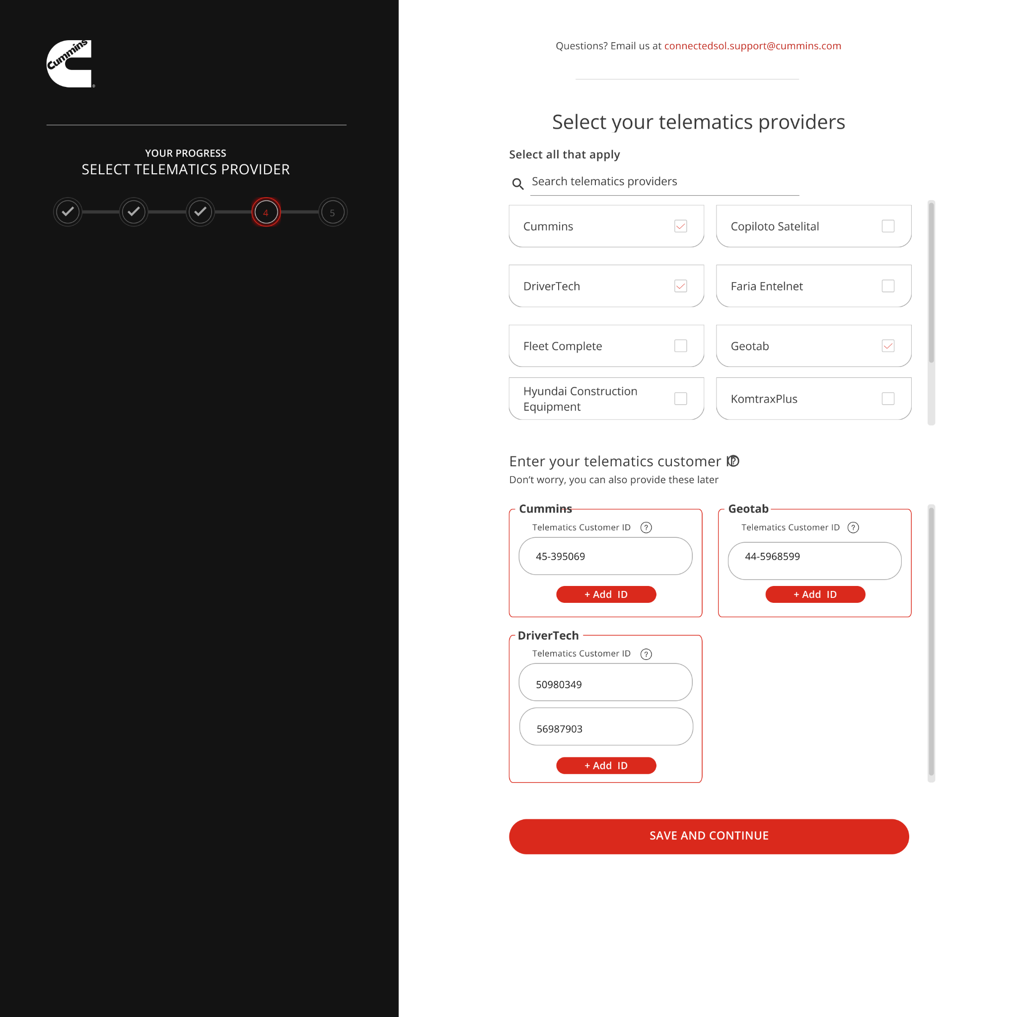 Product onboarding design with progress, telematics provider selection, and customer ID fields.