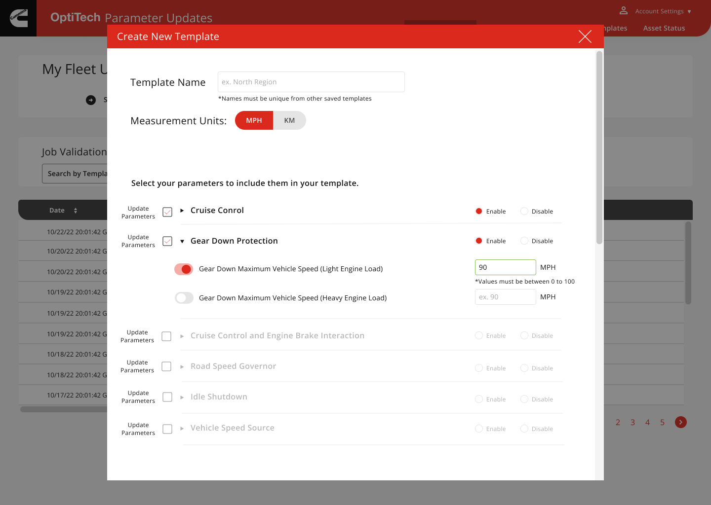 OptiTech Create New Template design with measurement units, parameter selection, and validation.