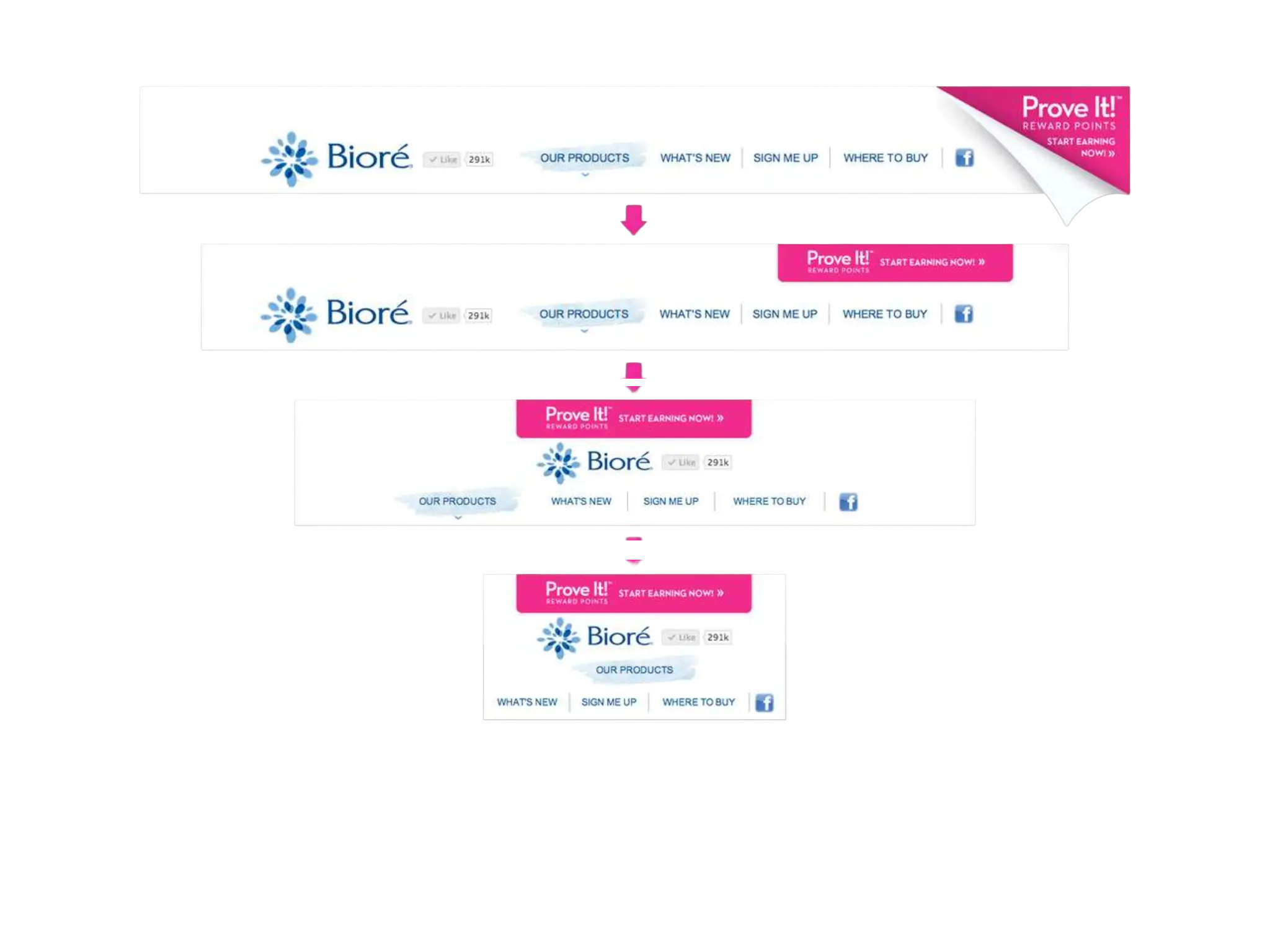 Four Bioré header arrangements showing changes to navigation and reward promotion across widths.