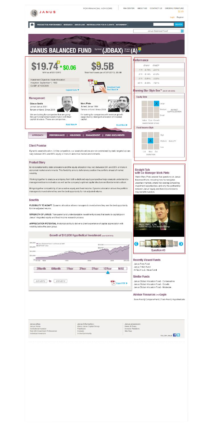 Janus fund-page study with annotation markers and outlined content areas.