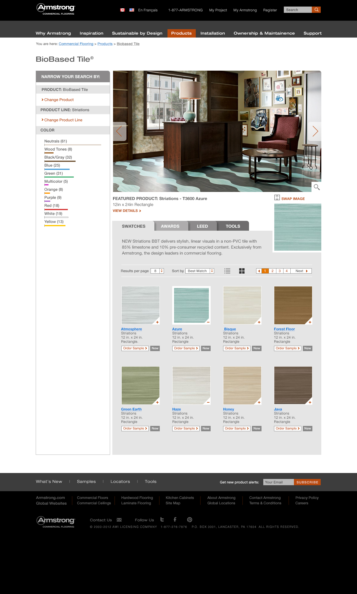 Armstrong BioBased Tile product-browsing design with room photography, colour filters and swatches