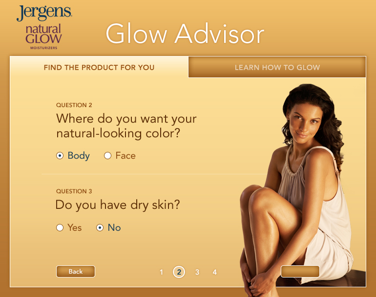 Jergens Glow Advisor design showing questions about body or face use and dry skin