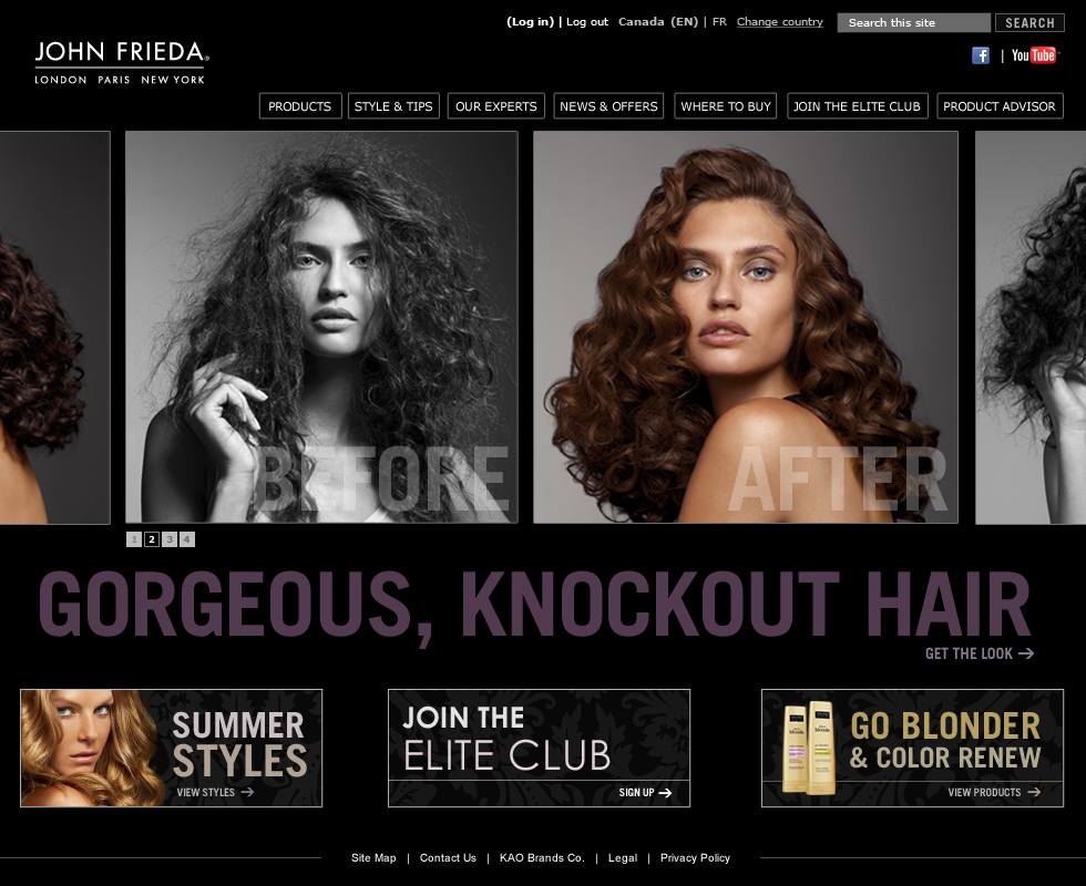 Dark John Frieda global website concept with before-and-after hair photography