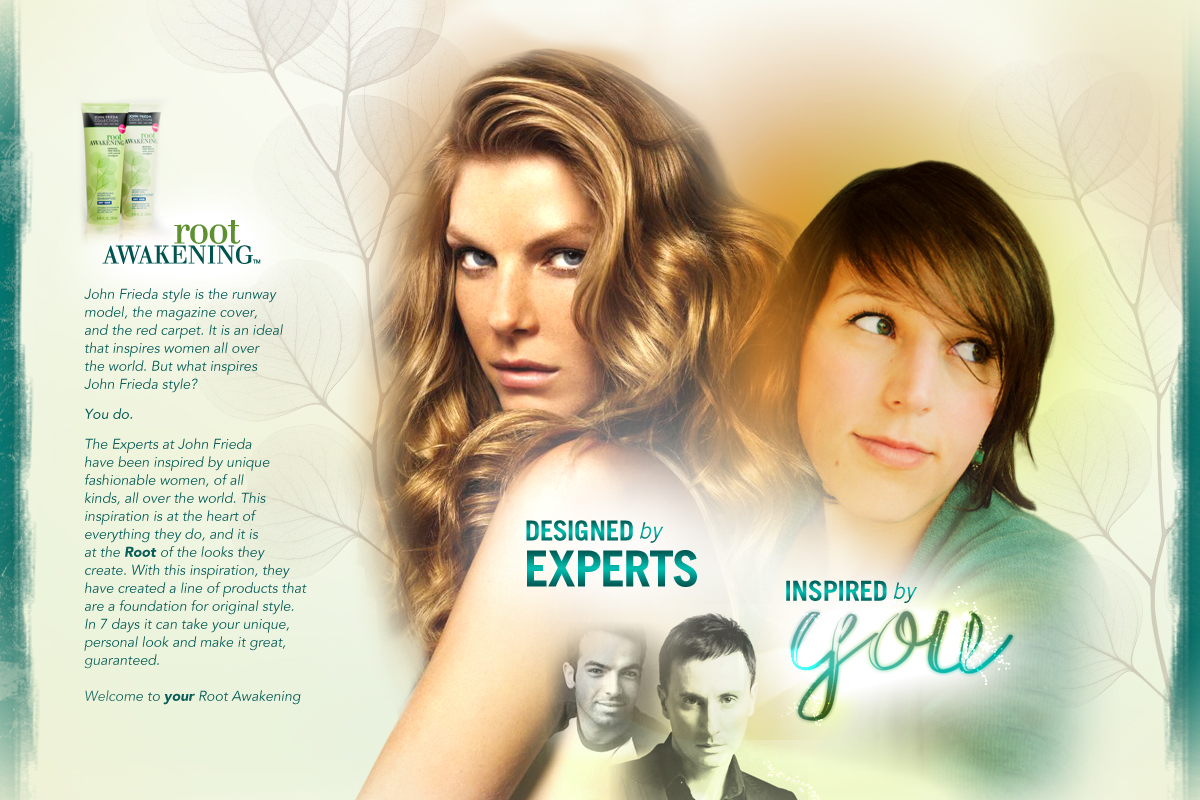 John Frieda Root Awakening creative board with models, hair products and expert-led content