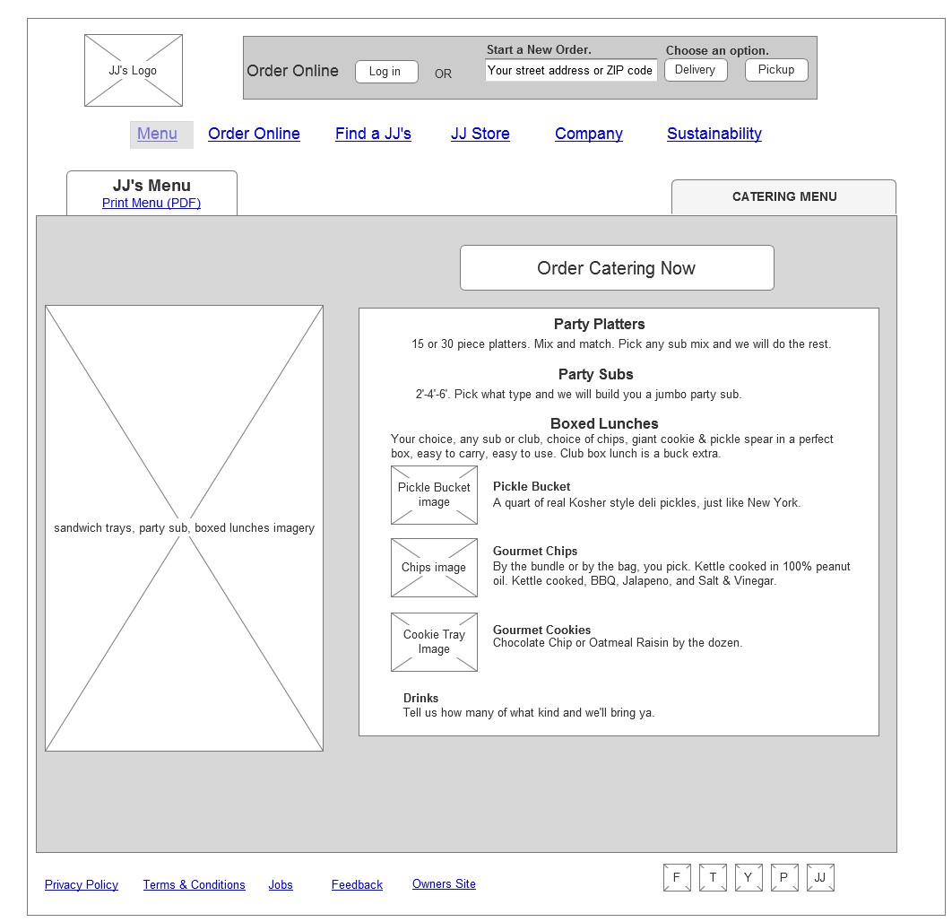 The catering wireframe gave a specialized ordering journey its own hierarchy and action path.