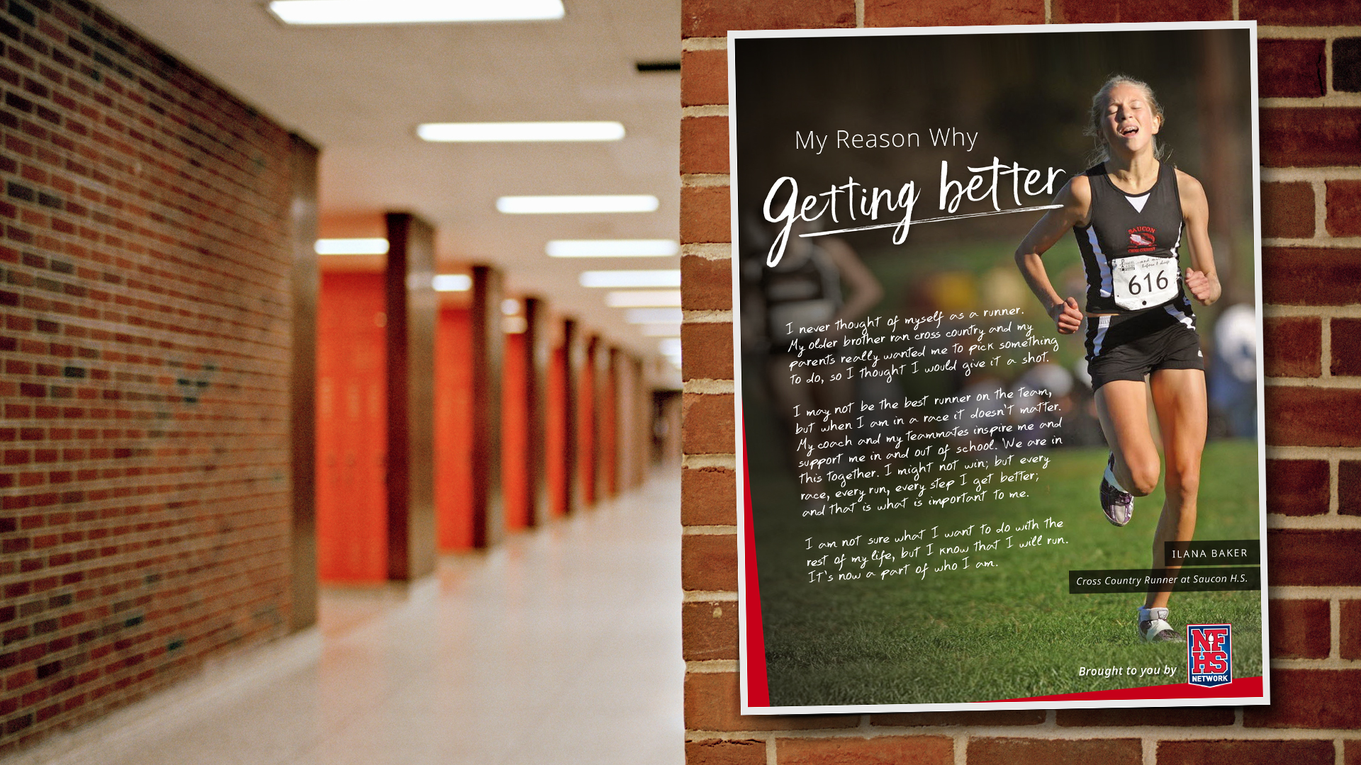 Getting Better campaign poster showing a girl running, displayed in a school hallway mockup