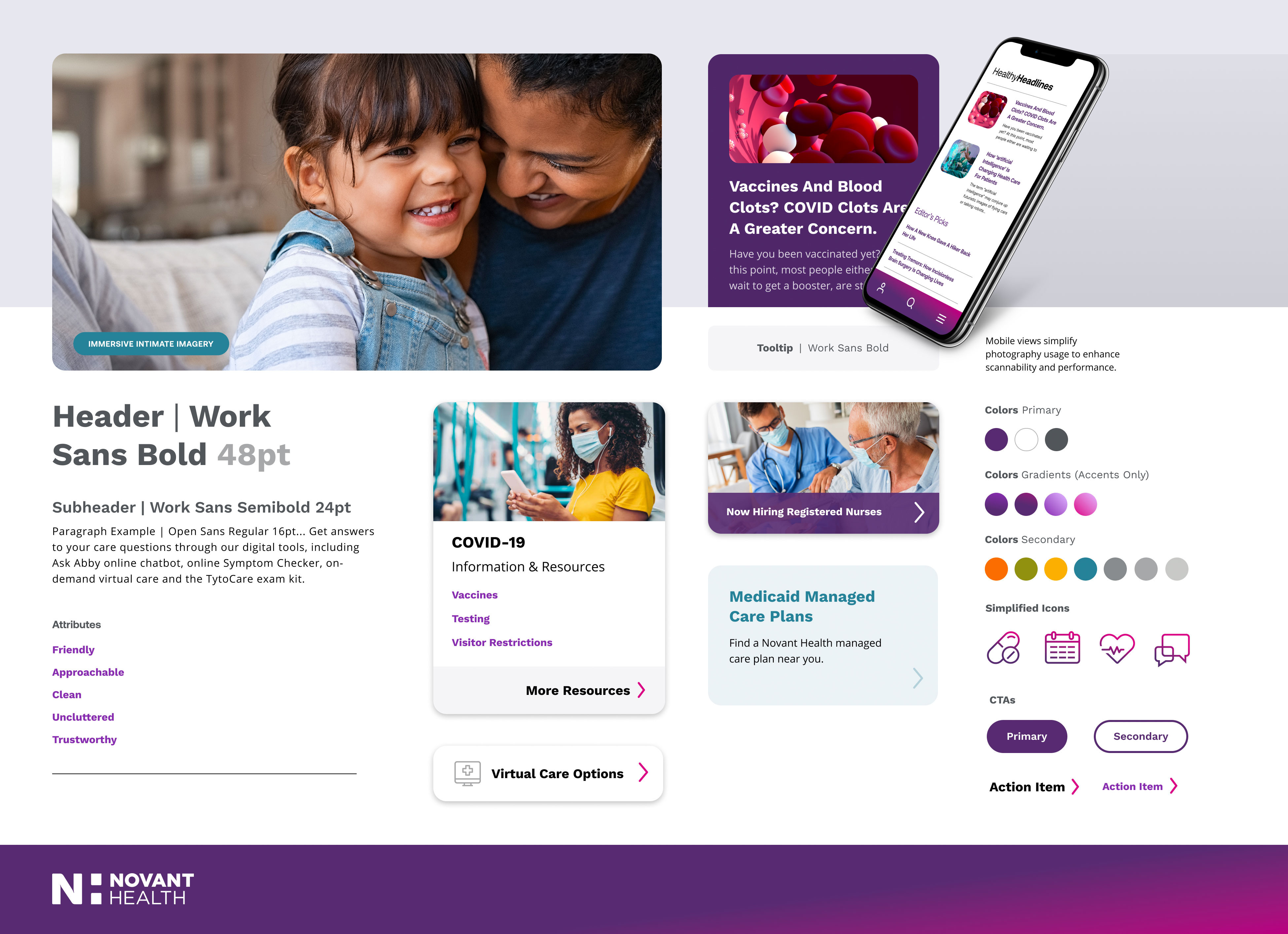 Refined OPEN visual direction with mother and child photography, mobile content, typographic hierarchy, color-framed callouts and interface components.