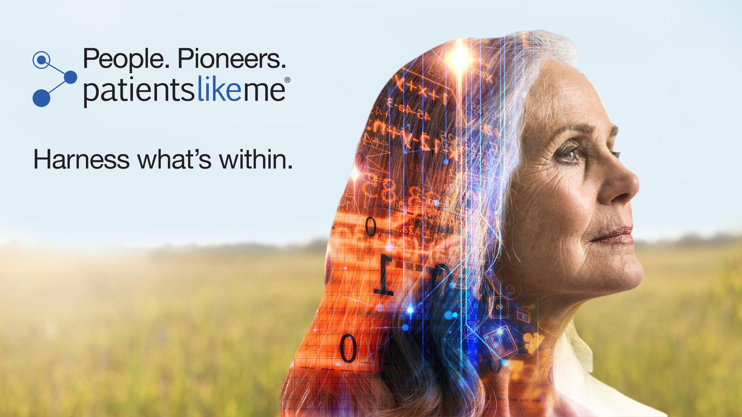 Harness What Is Within recruitment advertisement with a human profile built from colored data points
