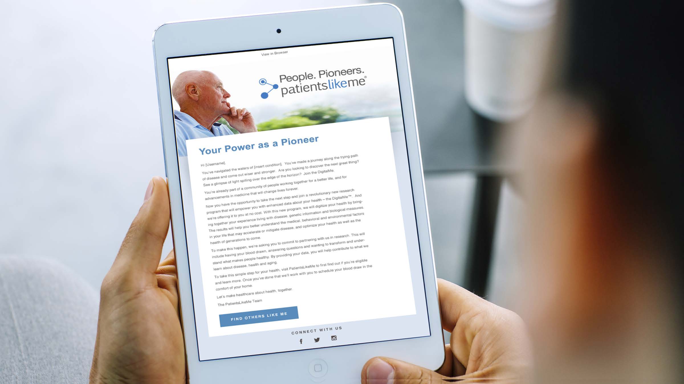 Tablet showing a designed PatientsLikeMe member email concept