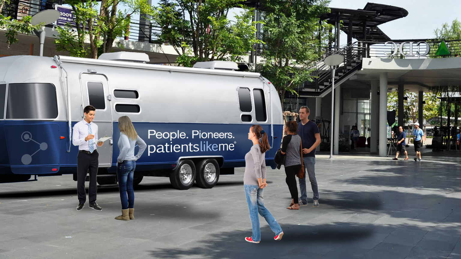 PatientsLikeMe branded recruitment trailer concept in a public plaza