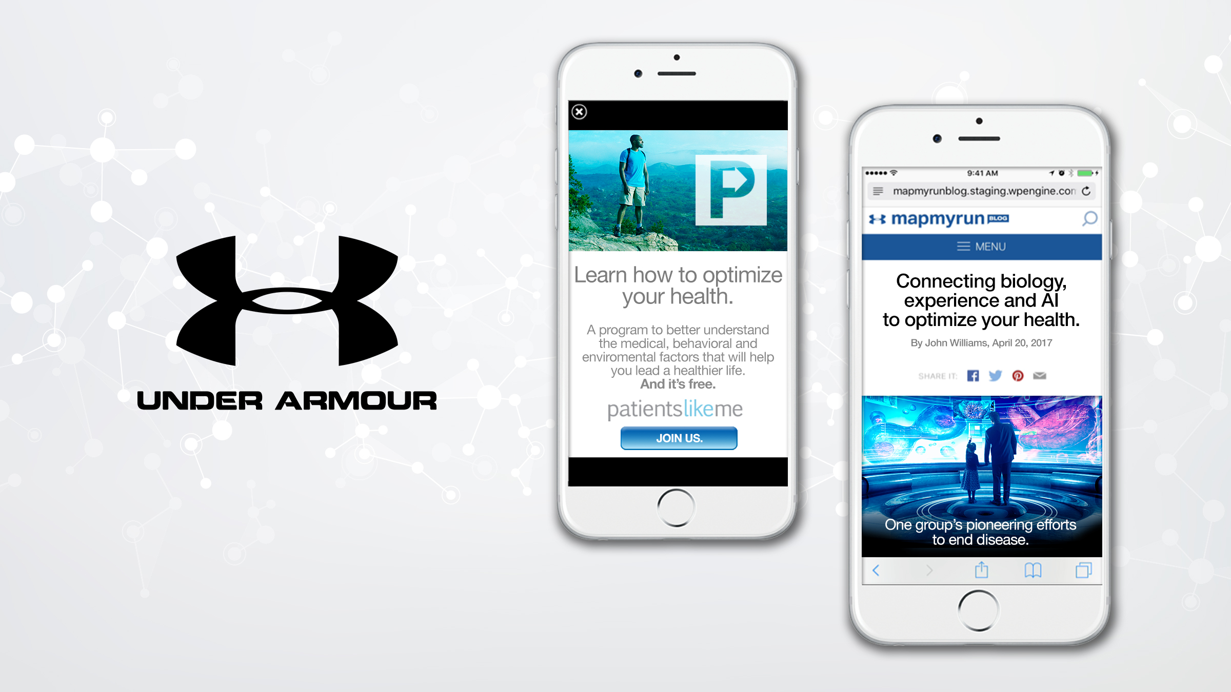 Under Armour and PatientsLikeMe partnership concept shown on two phones