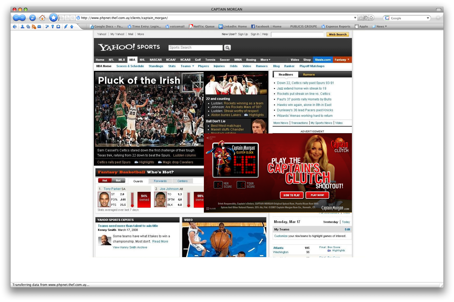 Yahoo Sports page with the expanded Captain’s Clutch rich-media experience, frame 1 of 8.