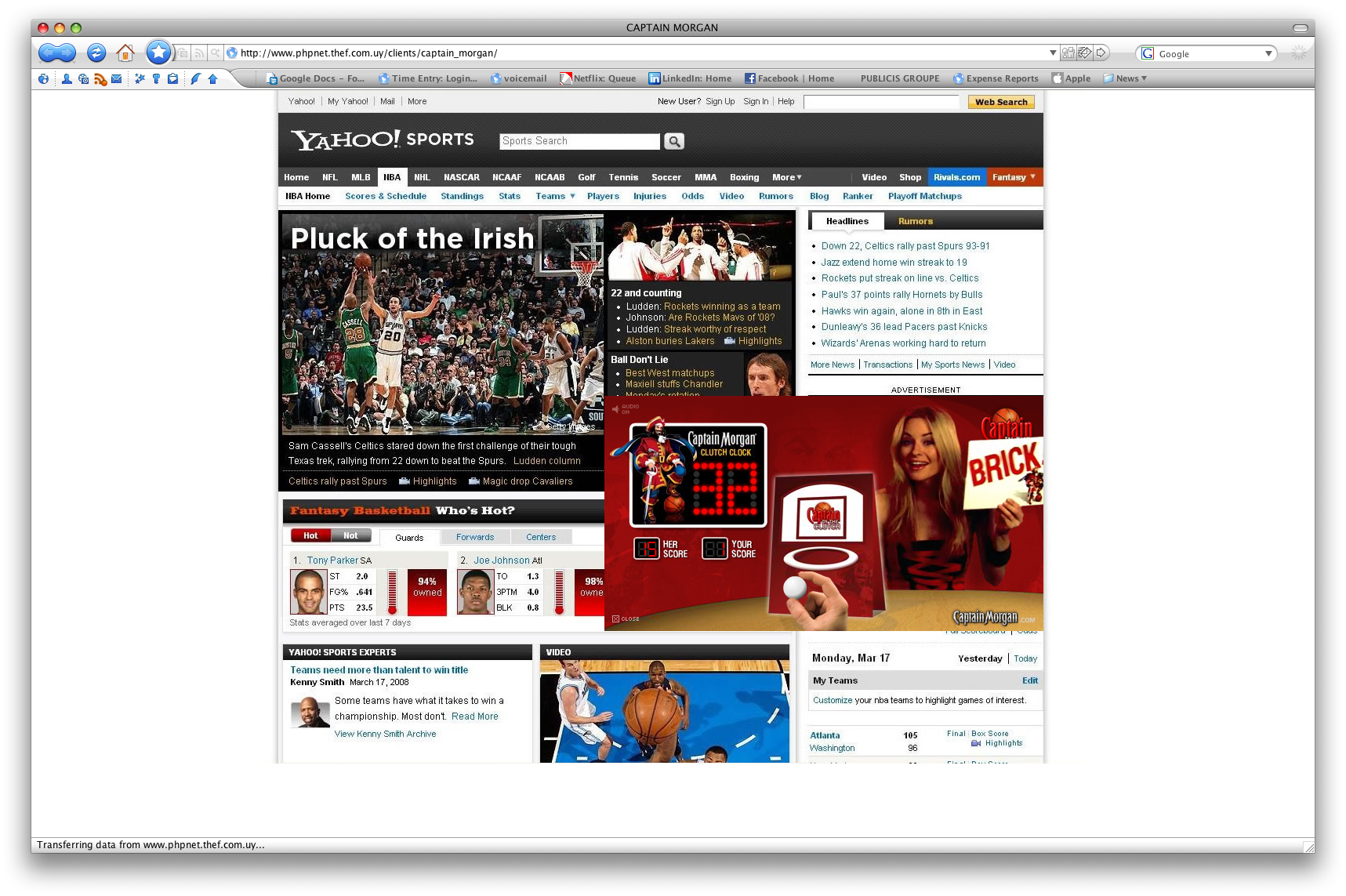 Yahoo Sports page with the expanded Captain’s Clutch rich-media experience, frame 2 of 8.