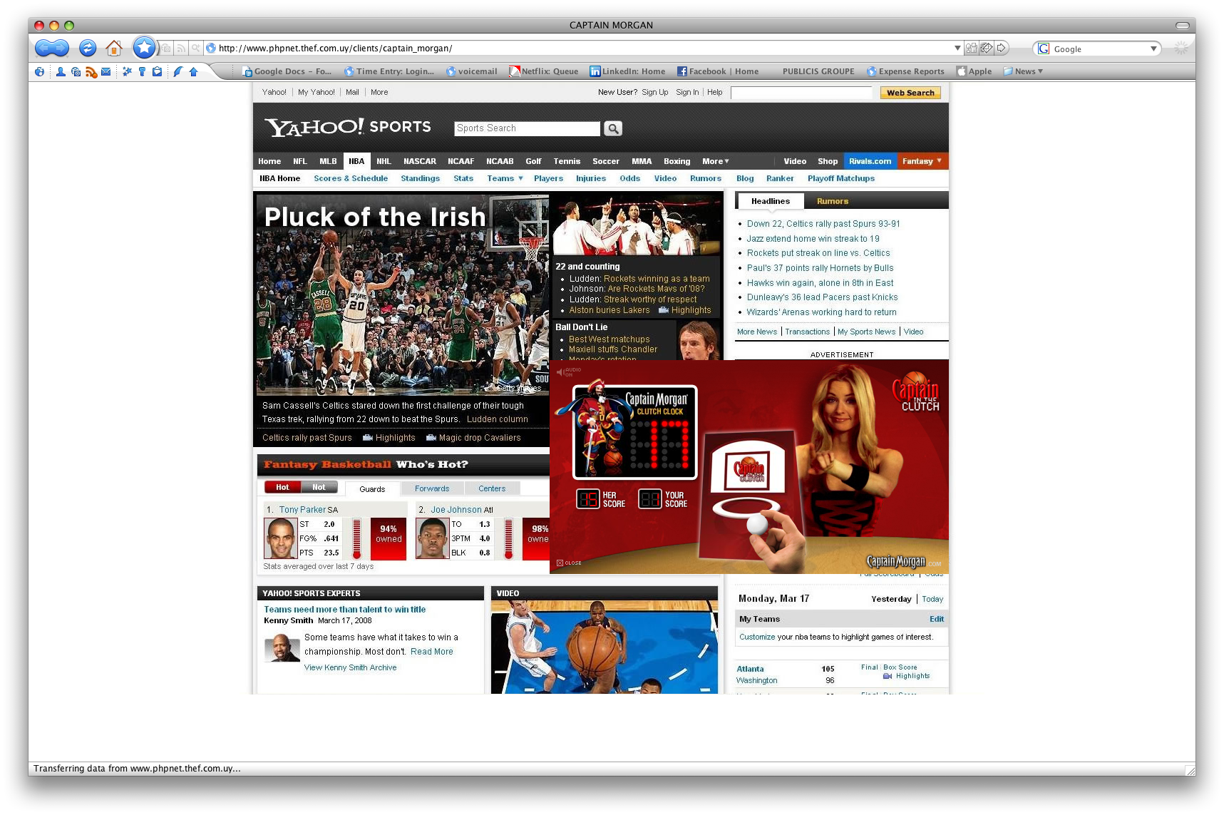 Yahoo Sports page with the expanded Captain’s Clutch rich-media experience, frame 5 of 8.