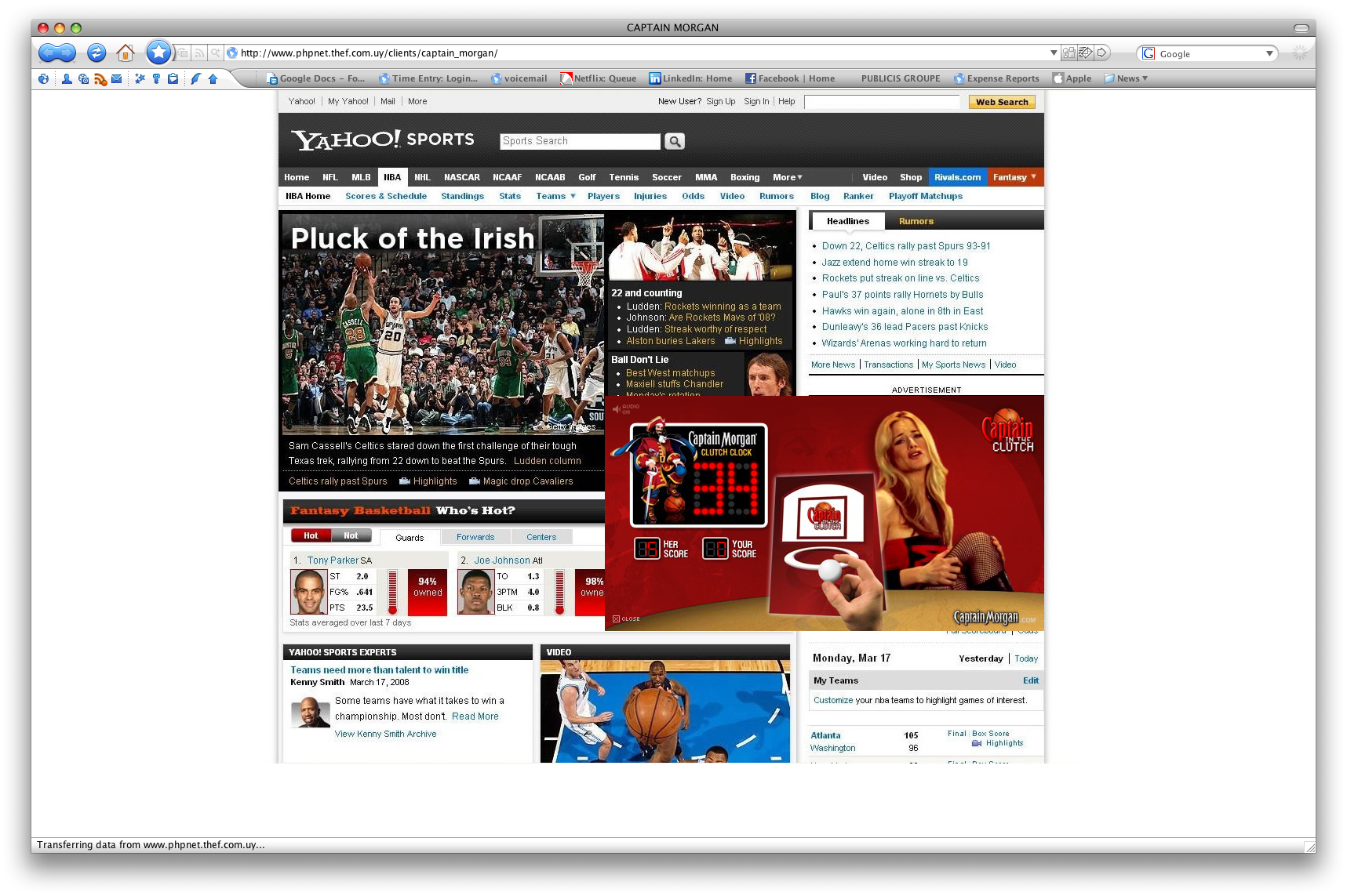 Yahoo Sports page with the expanded Captain’s Clutch rich-media experience, frame 7 of 8.
