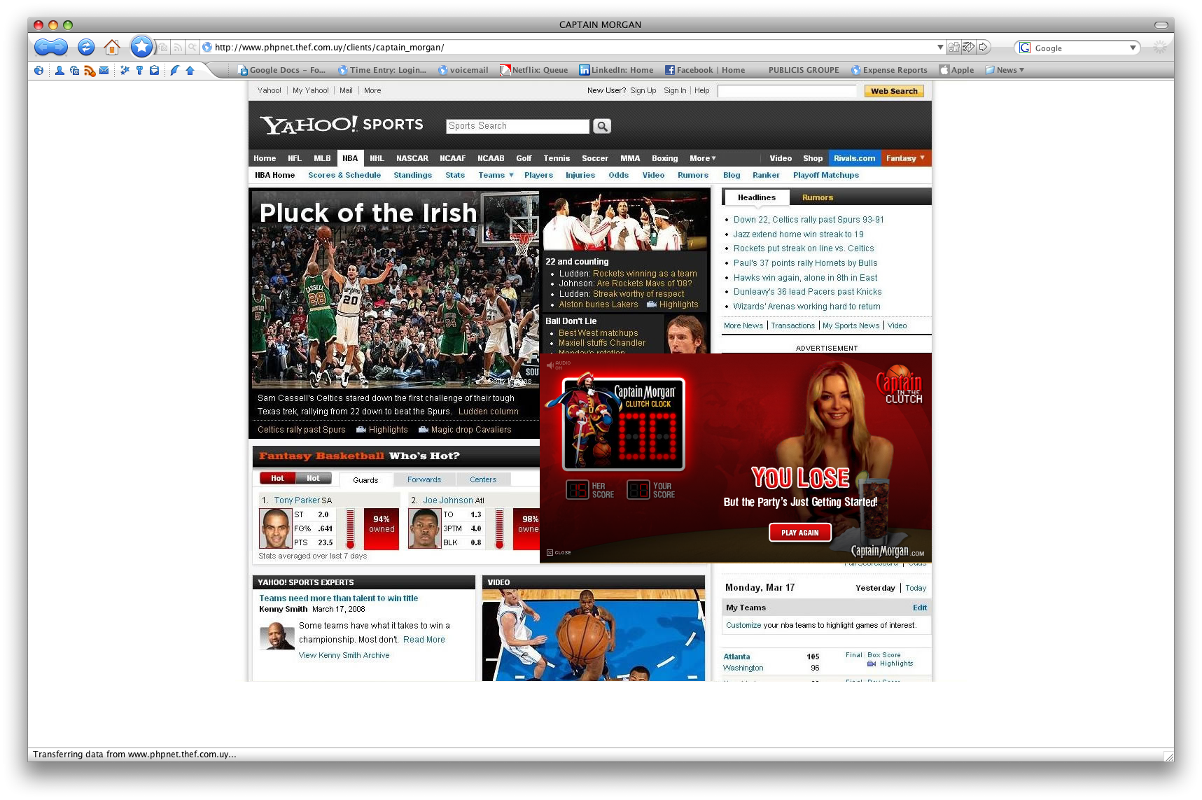 Yahoo Sports page with the expanded Captain’s Clutch rich-media experience, frame 8 of 8.